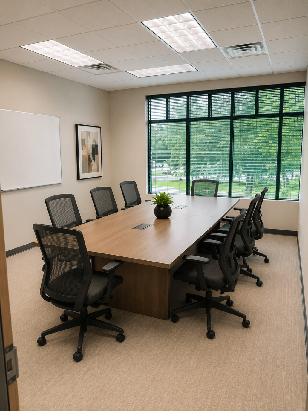 Conference room with large meeting table, ergonomic chairs, and natural light