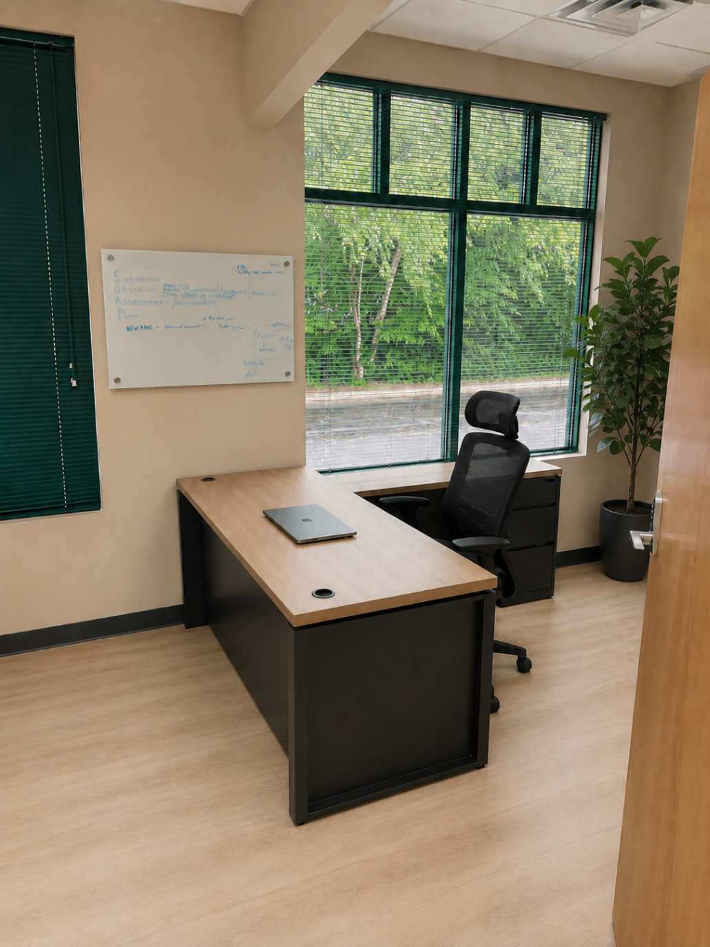 Private office with desk, whiteboard, plant, and window blinds