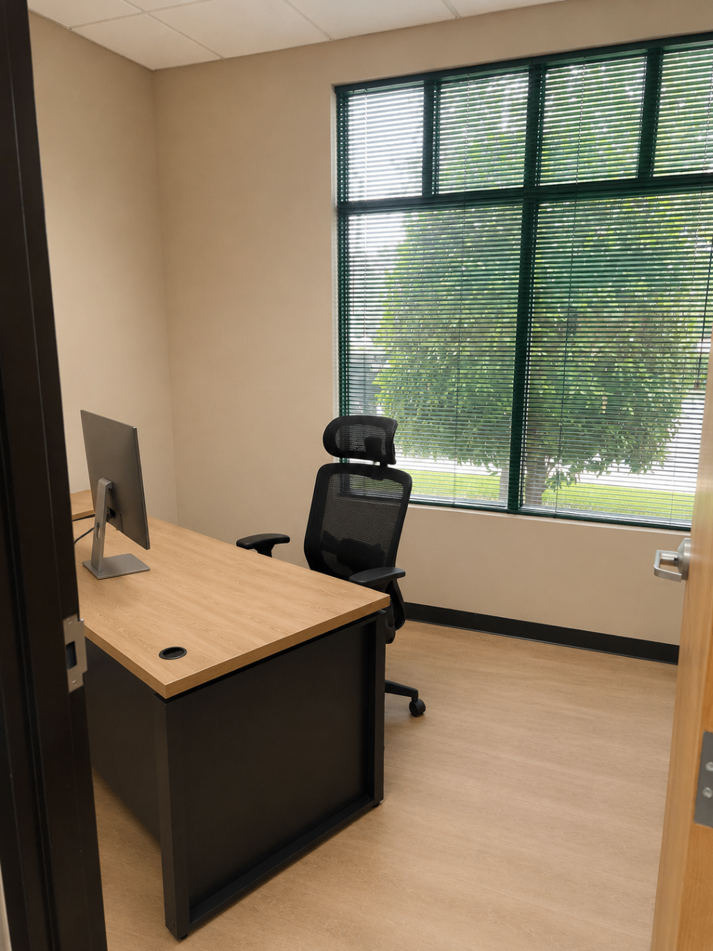 Private office with desk facing a large window and greenery outside