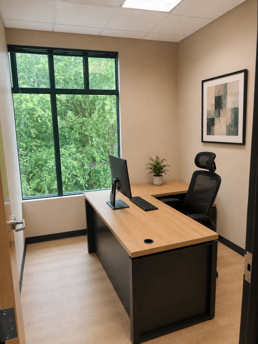 Private furnished office with large window and greenery view